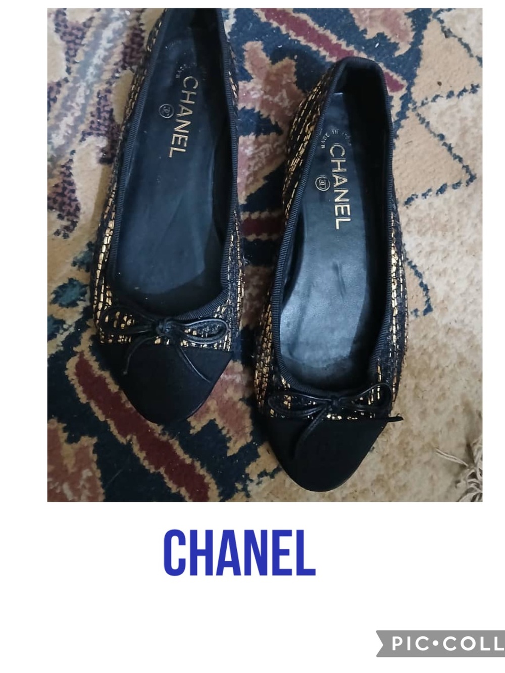 CHANEL Black and Gold Tweed Ballet Flats